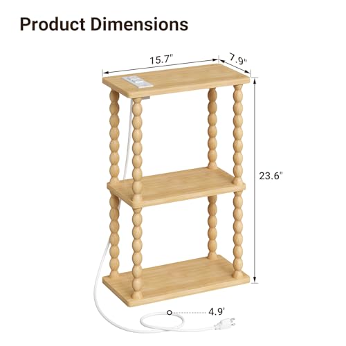 ELYKEN Narrow Side Table with Charging Station, 3-Tier Skinny Bedside Table | Small End Tables Living Room with USB Port and Outlet, Nightstands with Storage Shelf for Bedroom - color: Natural