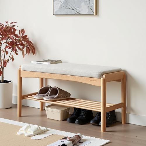 Oak Wood Shoe Bench, 32 Inch Entryway Bench with Light Gray Cushion | Wider oak bench with visible grain and soft cushion provides comfortable seating with natural modern style. - color: Natural + Light Gray Cushion, size: 31.49"