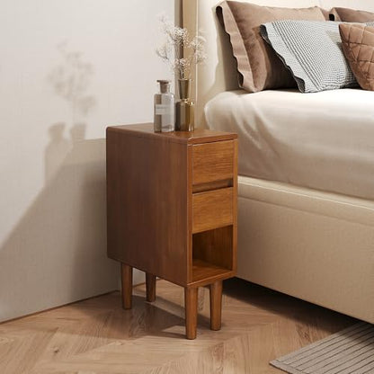 Narrow Nightstand 2 Drawers with Open Shelf Narrow Night Stand Solid Wood Bedside Table Mid Century Modern Nightstand Wooden End Table for Bedroom, Study, Office - color: Walnut-2d, size: 15.75''×8''×23.62''