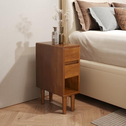 Narrow Nightstand 2 Drawers with Open Shelf Narrow Night Stand Solid Wood Bedside Table Mid Century Modern Nightstand Wooden End Table for Bedroom, Study, Office - color: Walnut-2d, size: 15.75''×8''×23.62''