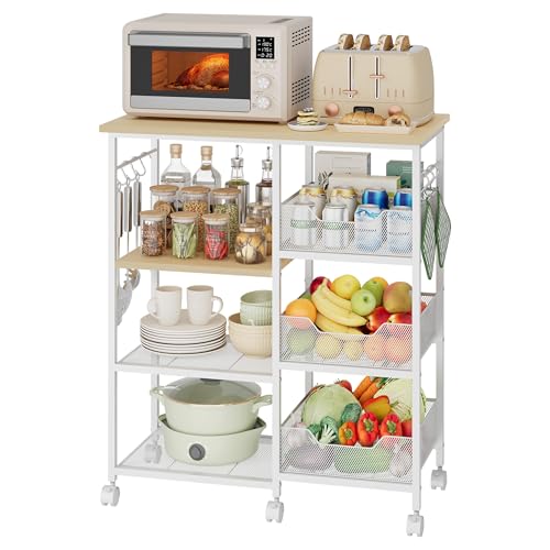 HapiRm Rolling Kitchen Carts with Storage - Microwave Table Stand with 6 Hooks & 3 Baskets, kitchen Island Cart on Lockable Wheels, 28.3" L × 14.6" W Bakers Rack Cart for Dining Room Coffee Bar Office - color: White