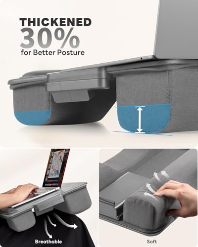 SAIJI Lap Desk with Cushion, Computer Laptop Stand, Lap Laptop Table | Built-in Drawer Storage, Phone Holder, Wrist Pad, Fits Up to 17" Laptops,Leather Surface, Lap Stand for Bed & Couch - color: Gray