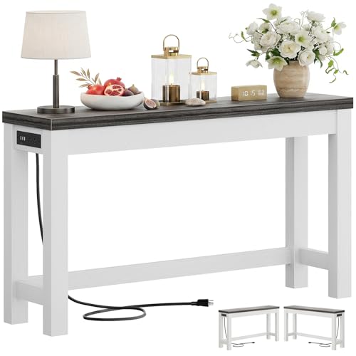 Cyclysio 47" Console Tables for Entryway, Narrow Console Tables for Living Room, Behind Couch Table, Sturdy Wood Support Hallway Table with 3AC+2USB Charging‌ Station, Oak - color: Oak Grey, size: 47 inch