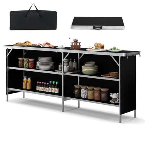COSTWAY 81" Folding Picnic Table, Portable Bar Table with Carry Bag | Lightweight Aluminum Food Prep Station with 2 Shelves, Quick Set-up, BBQ, Party, Backyard, Black - color: Black, size: 81"W x 32.5"H