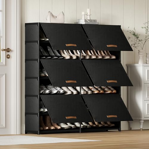 Shoe Storage Cabinet with Door, 42 Pairs Shoe Rack 2 by 7 Tier Space Saving Plastic Shoe Organizer with Cover for Closet, Hallway, Living Room, Bedroom, Garage, Black - size: 2 by 7(42 Pairs)