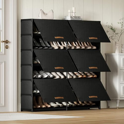 Shoe Storage Cabinet with Door, 42 Pairs Shoe Rack 2 by 7 Tier Space Saving Plastic Shoe Organizer with Cover for Closet, Hallway, Living Room, Bedroom, Garage, Black - size: 2 by 7(42 Pairs)