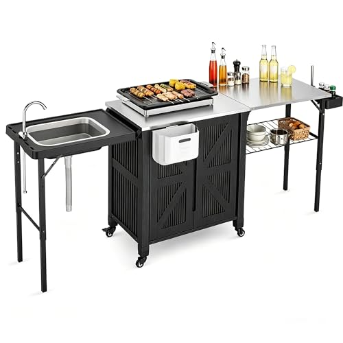 Outdoor Grill Cart with Storage Cabinet, 3-in-1 Movable Kitchen Island Cart, Outdoor Grill Cooking Station with Stainless Steel Countertop&Rolling Wheels&Folding Side Tables for Backyard Patio