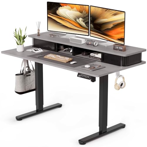 JOY worker Height Adjustable Electric Standing Desk with Storage Shelves, 48 Inch Table with Built-in Monitor Stand, Sit Stand Desk with 2 Hooks for Home Office, Grey Desktop & Black Frame - color: Grey, size: 48inch