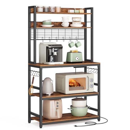 VASAGLE Bakers Rack with Power Outlet, Microwave Stand, Kitchen Tall Utility Storage Shelf, with Metal Wire Panel, 14 Hooks, 15.7 x 31.5 x 66.9 Inches, Rustic Brown and Ink Black UKKS025B01 - color: Rustic Brown + Ink Black, size: 31.5"W