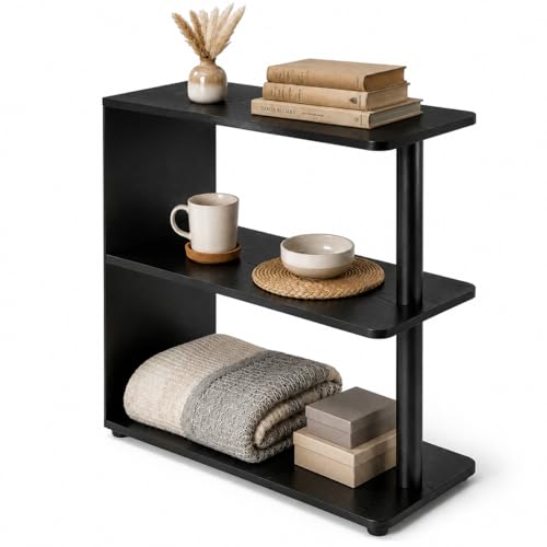 3-Tier Narrow End Table, Industrial Slim Side Table for Small Spaces, Sofa Couch Table Accent Nightstand with Storage Shelves for Living Room, Bedroom, 22.5" L x 10" W x 21.5" H, Black - color: Black