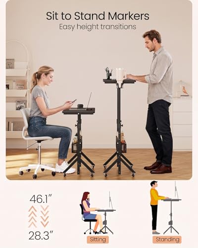 ErGear Mobile Standing Desk with Wheels, Adjustable Height 28.3″ to 46.1″, Rolling Laptop Cart with Cup Holder, Storage Basket, Computer & Pen Slot, Home Office Stand Up Desk, Black (31.5″ x 15.75″) - color: Black
