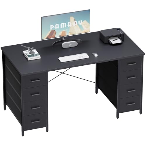 Pamray 47 Inch Computer Desk with 8 Fabric Drawers for Home Office Work | Ample Storage, Space-Saving, Suitable for Home Office Bedrooms Dorm Living Rooms for Study, Writing, Work - color: Matte Black
