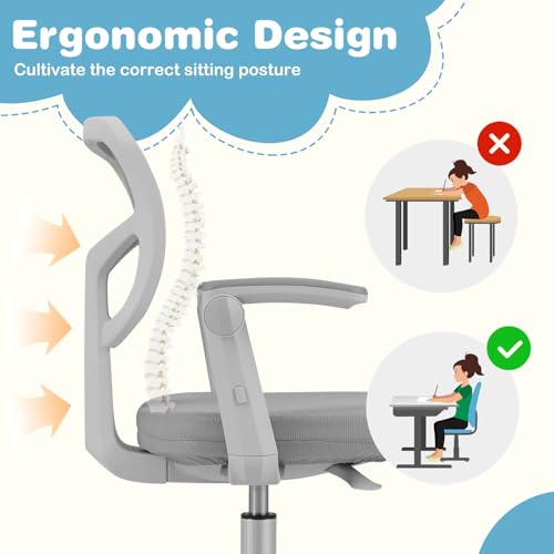 HONEY JOY Kids Desk Chair, Children Study Chair with Adjustable Height/Armrest/Footrest, Swivel Rolling Mesh Task Student Chair, Kids Computer Chair for Teens Girls Boys, Home, School, Office (Grey) - color: Grey