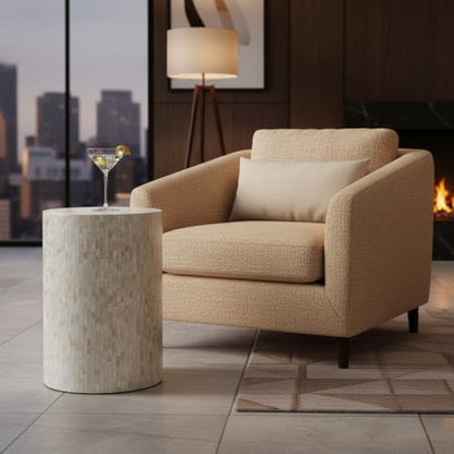 PEMAR Mother of Pearl Cylinder Drum End Table Nacre Side Stool Round Accent Table Coffee Bedside Nightstand and Vanity Stool 13" Diameter x 19.3" High Pearl White & Cream - color: Pearl White