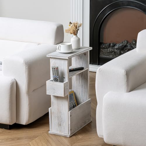 MyGift Wide Side Table, Slim End Sofa Table in Whitewashed Wood with Storage Shelf, Magazine and Remote Holder, Narrow Side Table - color: Whitewashed