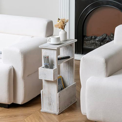 MyGift Wide Side Table, Slim End Sofa Table in Whitewashed Wood with Storage Shelf, Magazine and Remote Holder, Narrow Side Table - color: Whitewashed