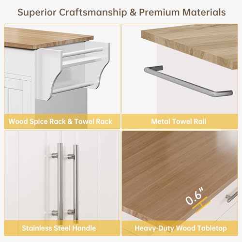Kitchen Island with Storage, Wooden Rolling Kitchen Island On Wheels with Wood Top, Mobile Kitchen Bar Cart Cabinet with Towel Rack, Spice Rack and Drawers, White - color: White