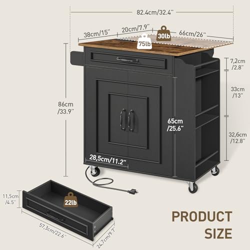 RALGEND Kitchen Island with Power Outlets & Drop Leaf, Rolling Kitchen Cart on Wheels, Kitchen Storage Island with Spice Rack and Drawer for Kitchen, Dinning Room, Black and Rustic Brown - color: Black + Rustic Brown