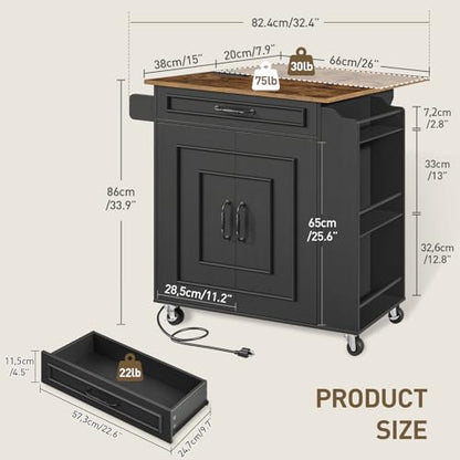 RALGEND Kitchen Island with Power Outlets & Drop Leaf, Rolling Kitchen Cart on Wheels, Kitchen Storage Island with Spice Rack and Drawer for Kitchen, Dinning Room, Black and Rustic Brown - color: Black + Rustic Brown