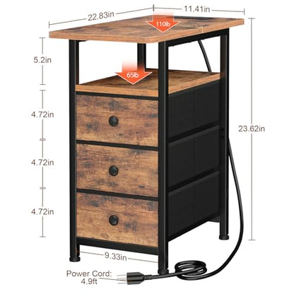 AMHANCIBLE End Tables Living Room with Charging Station, Narrow Side Table with USB Ports and Outlets, Slim Nightstand with 3 Fabric Drawers for Bedroom, Small Space, Rustic Brown, HETN013BR-1 - color: Brown, style: Power