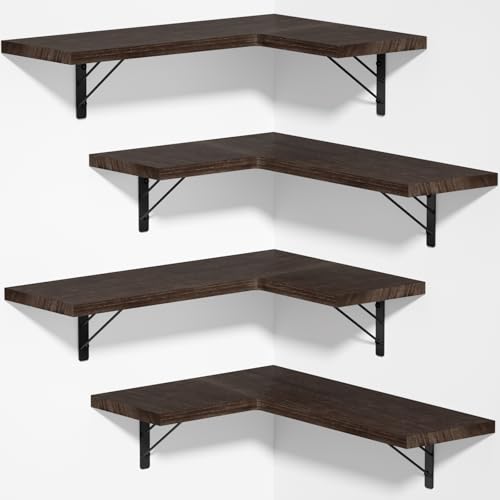 Love-KANKEI Corner Wall Shelf Set of 4,Solid Wood/Bracket,16.5"x 11",Brown | Easy to Install,Floating Wall Shelves,40 Lbs/shelf,For Bedroom Living Room Bathroom Kitchen Office,Storage Display,Wall Decor - color: Dark Brown