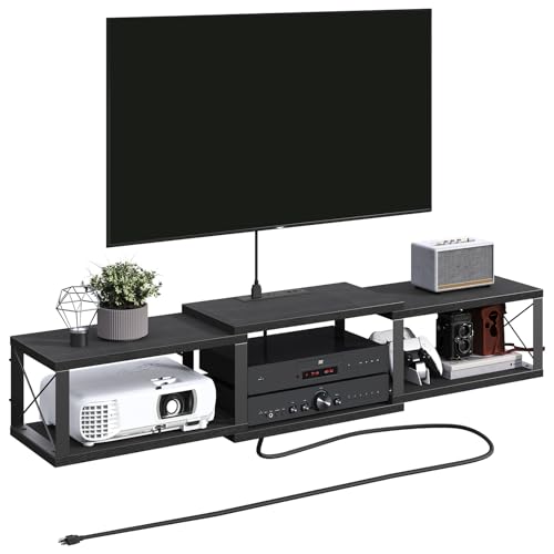 MAHANCRIS 43.7” Floating TV Stand with Power Outlet, Wall-Mounted Entertainment Center, Floating Metal Frame Media Console Shelf for Under TV Storage, for Living Room, Bedroom, Black TVHB101E01 - color: Black