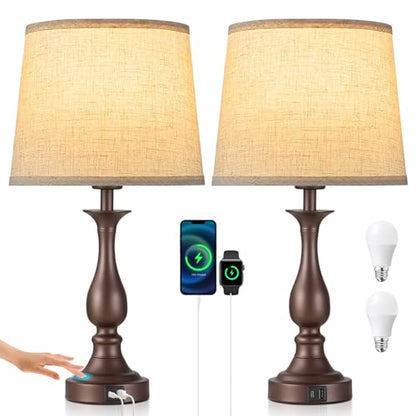 Bedside Table Lamp Touch Control Bedroom Lamps with USB A + C Charging Port 3 Way Dimmable Touch Lamps for Nightstand Living Room Bedroom Dorm Home Office Reading, Set of 2 (Beige Shade & Brown Base) - color: Beige Shade & Brown Base