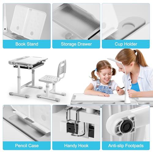 Rengue Kids Desk and Chair Set, Height Adjustable Children School Functional Study Desk with 55° Tiltable Desktop, 3 Modes & Brightness LED Light, Storage Drawer & Metal Hook for Boys Girls (Grey) - color: Grey