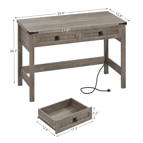 YOMILUVE Farmhouse Computer Desk with 2 Drawers, 39 Inch Small Computer Desk with Power Outlets, Home Office Desk Compact Writing Study Table for Small Spaces, Grey - color: Grey