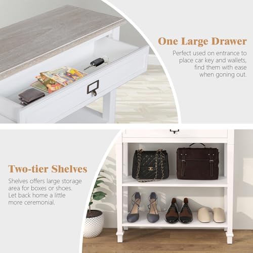 Kinpaw Narrow Console Table with Storage- White Entryway Table, Small Sofa Table with Drawer & Storage Shelf for Entryway, Hallway, Foyer, Living Room Furniture, Behind Couch, Wood - color: White-2 Shelves