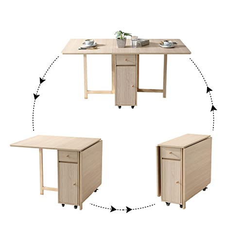 Drop Leaf Folding Dining Table with Storage, Wheels, Space Saving | Foldable Design, 18mm Thick Plywood, 300 lbs Capacity, Locking Wheels, Farmhouse Style, for Living Room Kitchen Small Spaces - color: Wood