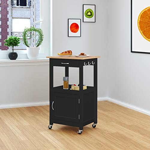 eHemco Kitchen Island Cart on Wheels, Black Base, Natural Hardwood Top | Drawer, Storage Cabinet, Shelf - color: Black