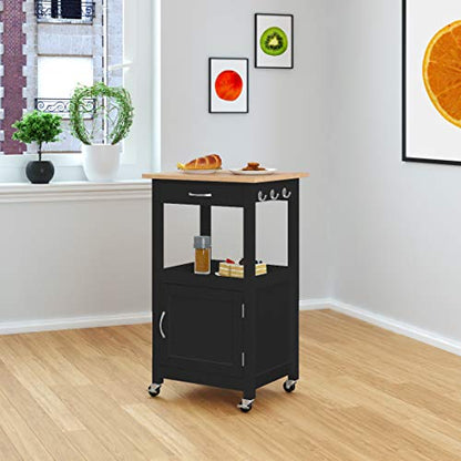eHemco Kitchen Island Cart on Wheels, Black Base, Natural Hardwood Top | Drawer, Storage Cabinet, Shelf - color: Black
