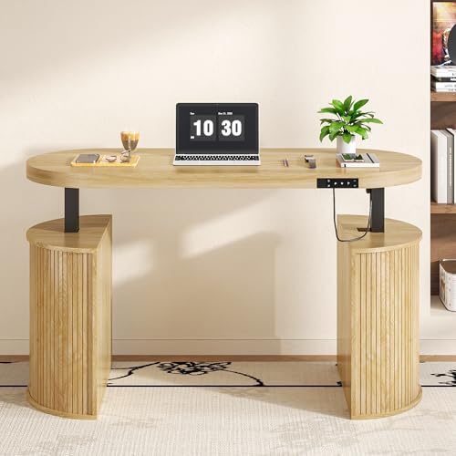 Mid Century Modern Electric Standing Desk with Storage, 55 x 22 Inch Small Sit Stand Up Desk, Wood Adjustable Height Computer Executive Desk for Home Office, Laptop, Oak - color: Wood
