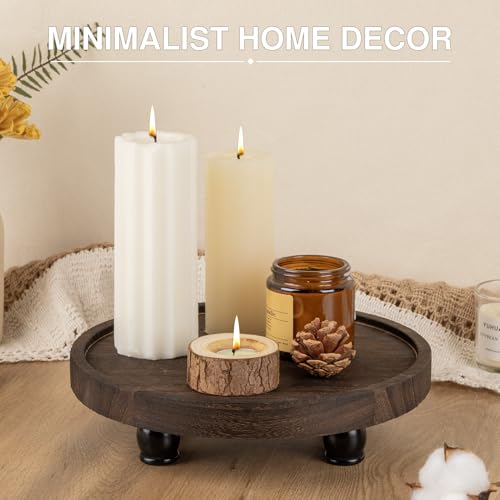Tikea Round Wood Riser, Farmhouse Riser for Decor, Rustic Display Tray 10in | Pedestal Stand for Kitchen & Bathroom Counter Decor, Wood Riser for Plants and Soap Dispensers - Boho Home Decor, Brown