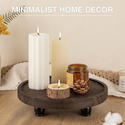 Tikea Round Wood Riser, Farmhouse Riser for Decor, Rustic Display Tray 10in | Pedestal Stand for Kitchen & Bathroom Counter Decor, Wood Riser for Plants and Soap Dispensers - Boho Home Decor, Brown