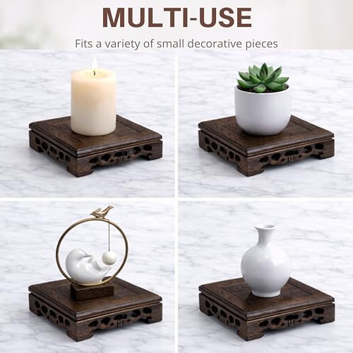 Wooden Display Square Stand Base 5.5"×5.5" – Wood Plant Stand, Pedestal Stand, Tabletop Plant Stand, Risers Display Stands, Oriental Style, Carved Base, Candle Stand