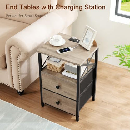 AMHANCIBLE Nightstands Set of 2, Large Night Stand with Charging Station | Bedside Table with 2 Fabric Drawers, End Side Tables Living Room, with Open Shelf, USB Ports Outlets, for Bedroom, Grey - color: Greige Black
