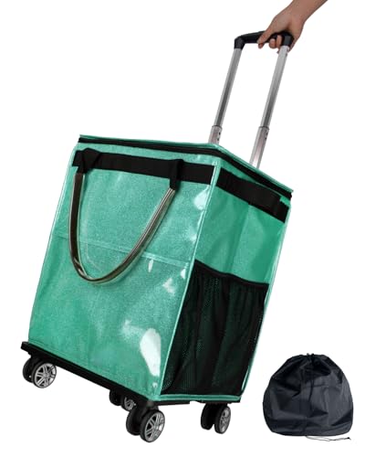 Reusable Grocery Bags on Wheels, Rolling Tote Bag, Portable Shopping Cart for Groceries with Wheels and Drawstring Bag, Trolley, 54L, Foldable, Starry Green - color: Starry Green