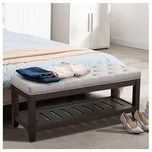 44" Entryway Bench with Shoe Storage, End of Bed Bench, Upholstered Ottoman Storage, 500 LBS Capacity for Entryway, Living Room, Hallway - color: Light Grey-1