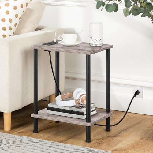 HOOBRO Side Table with Charging Station, Set of 2 End Tables with USB Port and Outlets, Nightstand with 2-Layer Storage Shelves for Small Spaces, Living Room, Bedroom, Greige and Black BG09UBZP201 - color: Greige + Black