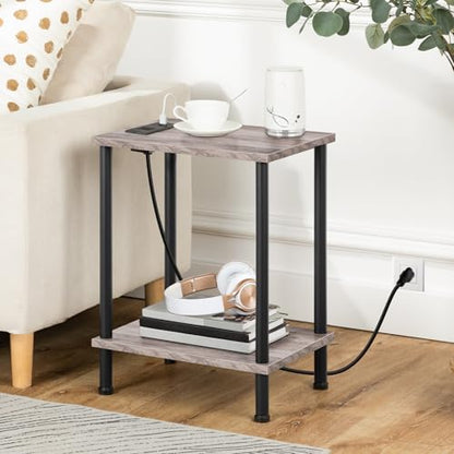 HOOBRO Side Table with Charging Station, Set of 2 End Tables with USB Port and Outlets, Nightstand with 2-Layer Storage Shelves for Small Spaces, Living Room, Bedroom, Greige and Black BG09UBZP201 - color: Greige + Black