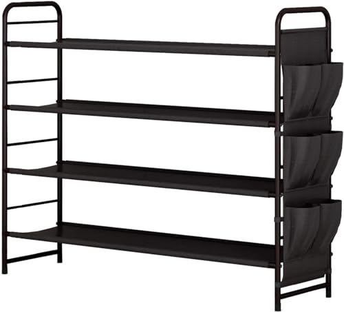 SUOERNUO Shoe Rack Storage Organizer 4 Tier Free Standing Metal Shoe Shelf Compact Shoe Organizer with Side Bag for Entryway Closet Bedroom,Bronze - color: Bronze, size: 4 Tier