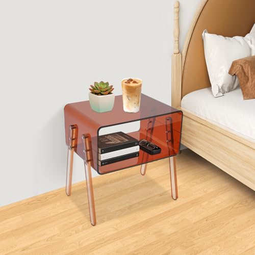 Acrylic Side Table, 2-Tier End Table with Open Storage for Small Spaces, Brown Modern Nightstand for Bedroom, Living Room, Apartment - color: Brown