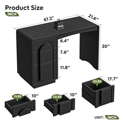 Bestier Computer Desk with Drawer, 47 Inch Wood Home Office Desk with Storage & Cabinet, Modern Arched Curved Design Office Desks for Writing Study Bedroom, Black - color: Black