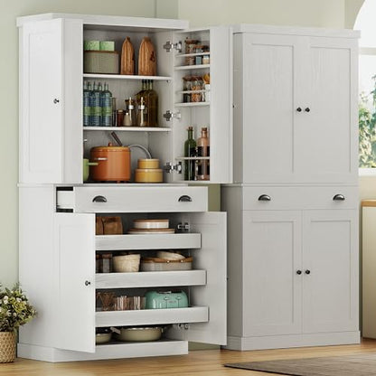 IRONCK 72" Kitchen Pantry Cabinet with Drawer and Sliding Racks, White | White wood pantry cabinet. 6 door shelves. 3 sliding racks. For kitchen, dining room, or hallway. - color: White