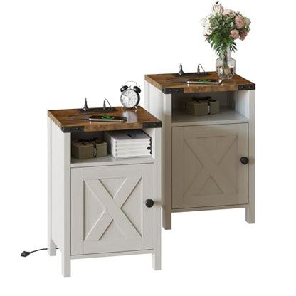 Fameill Farmhouse End Tables Set of 2, Modern White | Nightstands with Charging Station, Bedside Tables with Barn Door and Open Compartment, Rustic Living Room Side Table