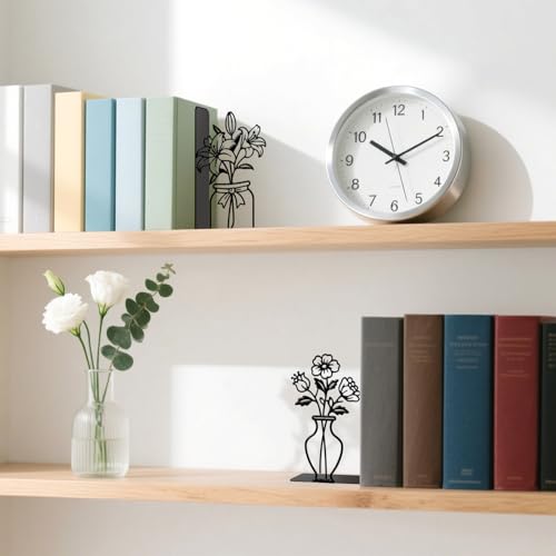 Metal Bookends Flower Vase Book Ends for Shelves | Flower Bookends Decorative Unique Desk Bookend Black Book Stopper for Home Reading Bookshelf Decor Book Lovers Gift - style: Flower Vase