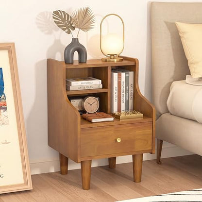 Solid Wood Nightstand with Drawers, Bookshelf Nightstand, Mid Century Modern Nightstands, Small Wood Night Stand with Open Shelf, Wooden End Side Table with Storage for Bedroom, Living Room (Walnut) - style: Bookshelf Nightstand