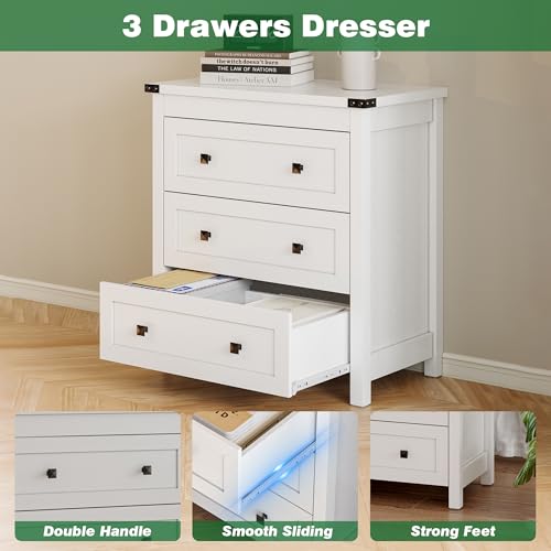 Xixini Farmhouse Nightstand with 3 Storage Drawers, 27.55" Wide Wood Bedside Table, Modern Side Table with Metal Handle, End Table for Bedroom, White - color: White